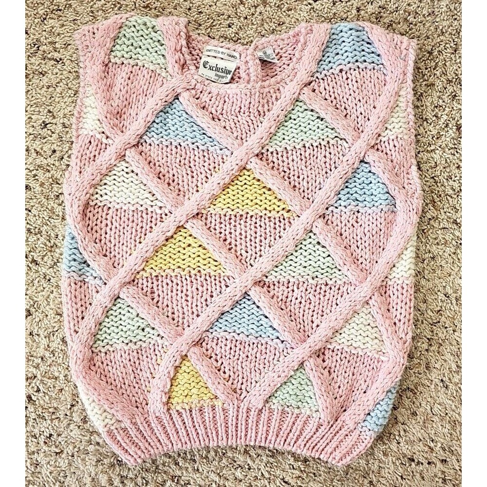 Vintage Pink Chunky Knit Sweater Vest 3D Knit Argyle 80s Pastel Fairy Kei Preppy